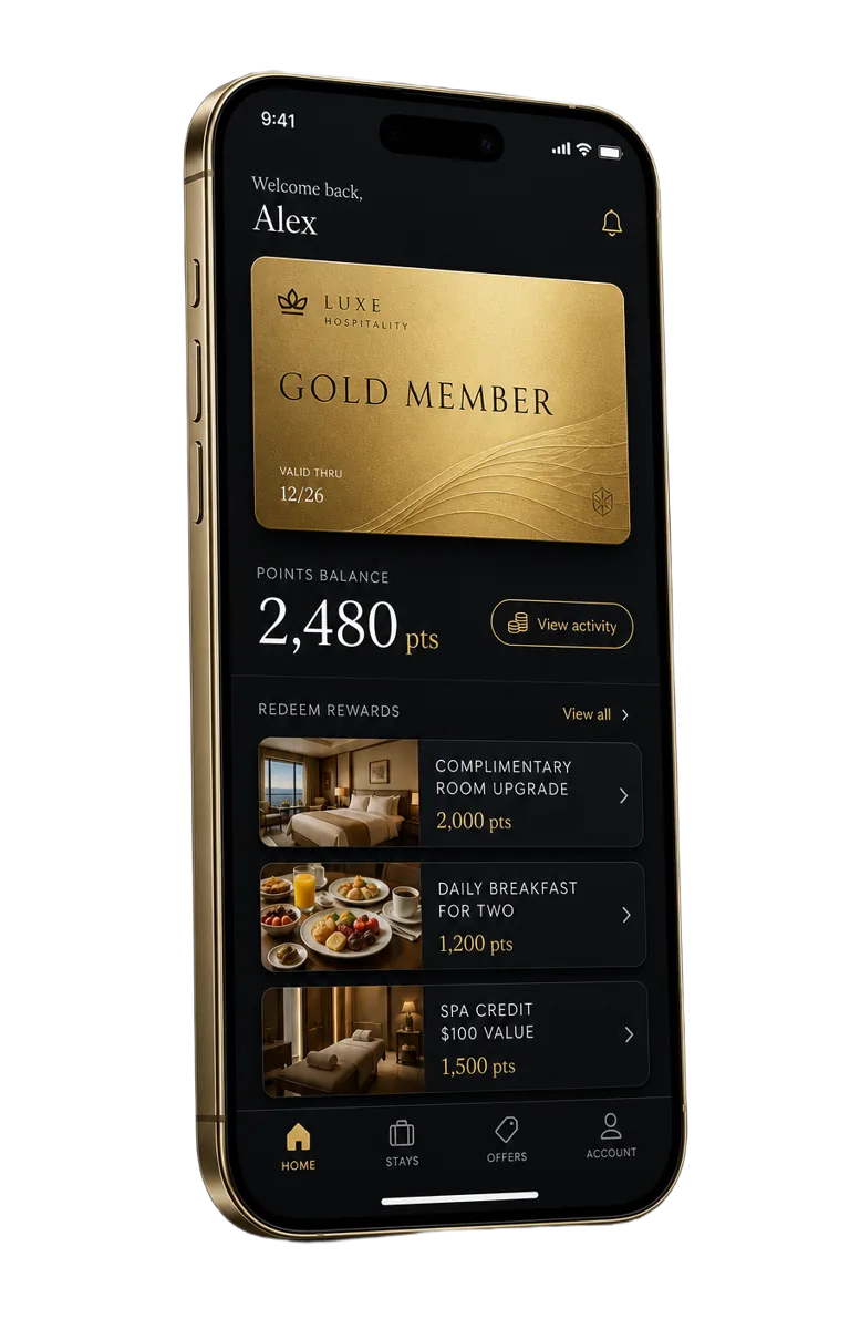 Hospitality loyalty app home screen with a gold membership card, points balance and rewards